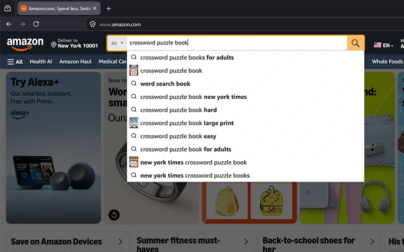 Amazon search bar showing crossword puzzle book autocomplete suggestions for niche research