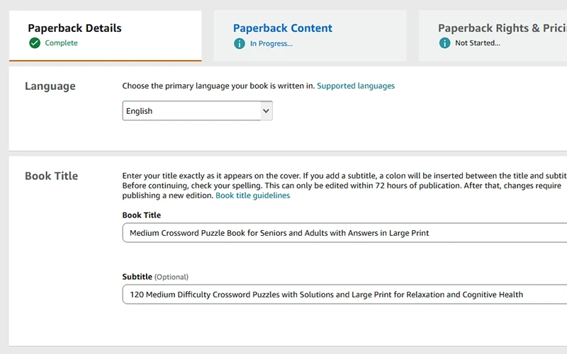 Amazon KDP dashboard showing the listing setup screen for a crossword puzzle book with title, keywords, and categories filled in