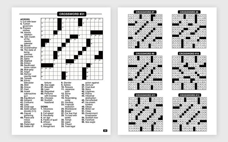 RodBooks crossword book interior export showing the full puzzle page and solution page side by side
