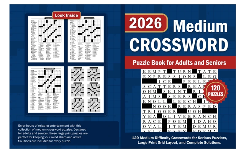 Professional crossword puzzle book cover design with bold title text and grid pattern background