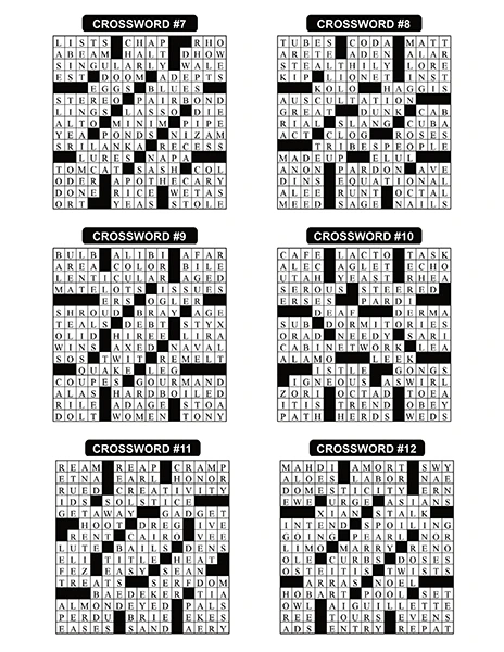 Crossword puzzle solution page showing compact answer grids in a KDP book interior layout